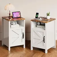 Farmhouse Nightstands Set of 2 with Charging Station and Storage, White for Bedroom or Living Room