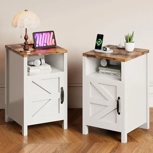 Farmhouse Nightstands Set of 2 with Charging Station and Storage, White for Bedroom or Living Room