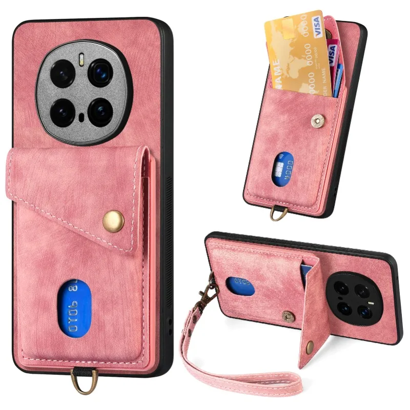 PU Leather Flip Wallet Card Holder Case with Stand, Lanyard, and Shockproof Bumper Cover