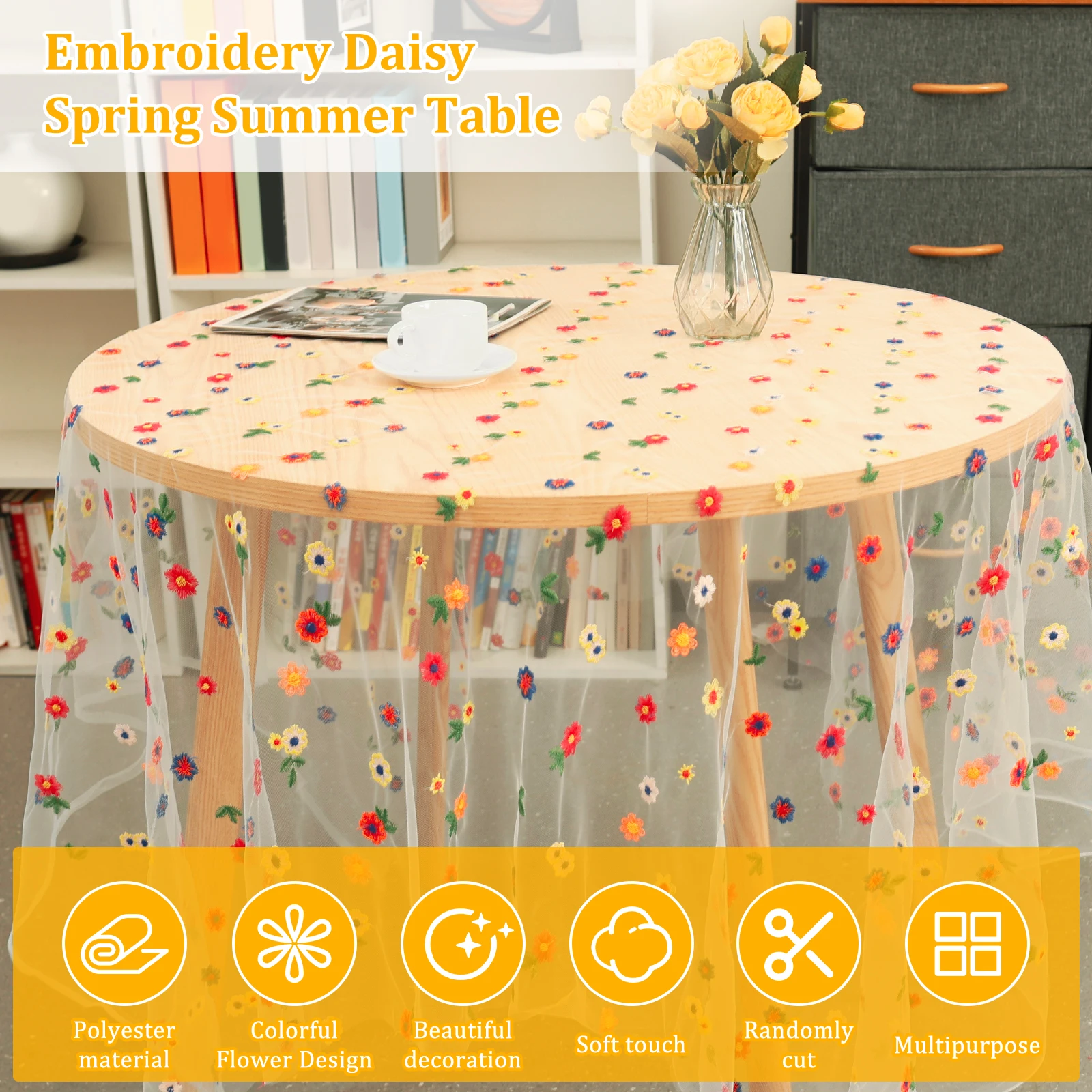 Aperturee Flower Sketch on Burlap Linen Stretch Table Cover