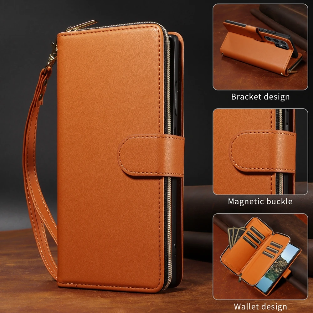 Zipper Wallet Leather Flip Case with Kickstand and Lanyard Phone Cover