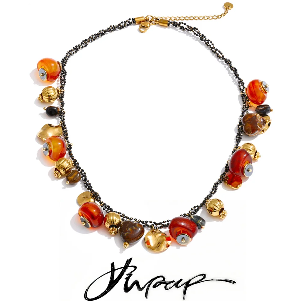 Yhpup Chain Beads Necklace Handmade Jewelry Amber Resin Waterproof