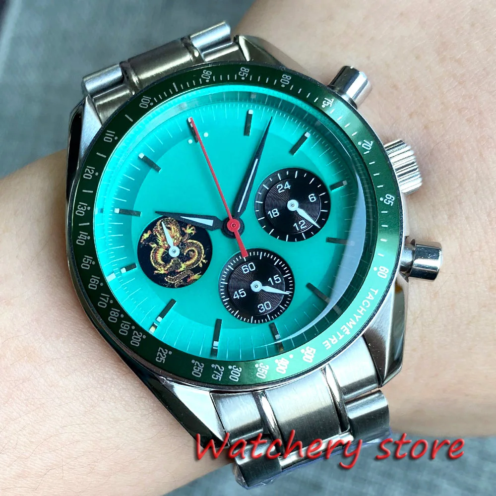 

40mm Blue Sterile dial Green Bezel Vk63 Movement Multi-Function Full Chronograph Quartz Mens Watch Folding Clasp Steel Strap