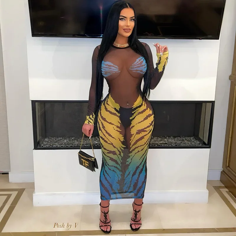 

Fashion Women Dress Mesh Leopard Print Hip Wrap Dresses New Sexy Gradient Print Perspective Party Evening Hottie Female Clothes