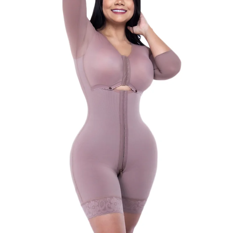 Fajas Women Adjustable Hook And Eye Front Closure Long Sleeve Tummy Control Shapewear With Bra Butt Lifter Flat Belly