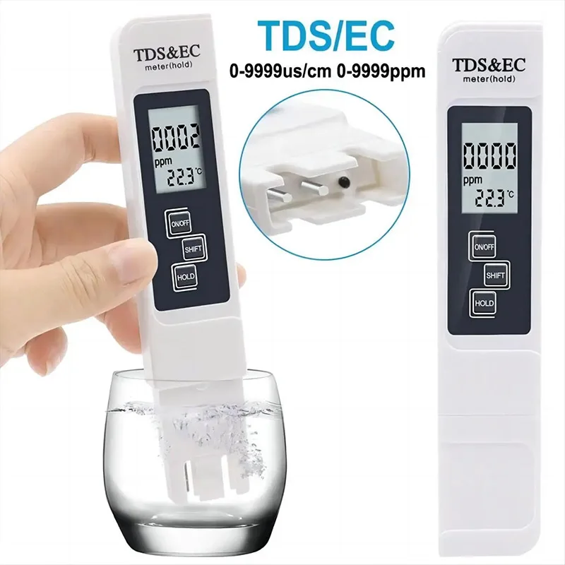 3 IN 1 White Handheld LED Digital Water Tester TDS EC Meter Range Household Water Purity Temperature Meter TEMP PPM Tester