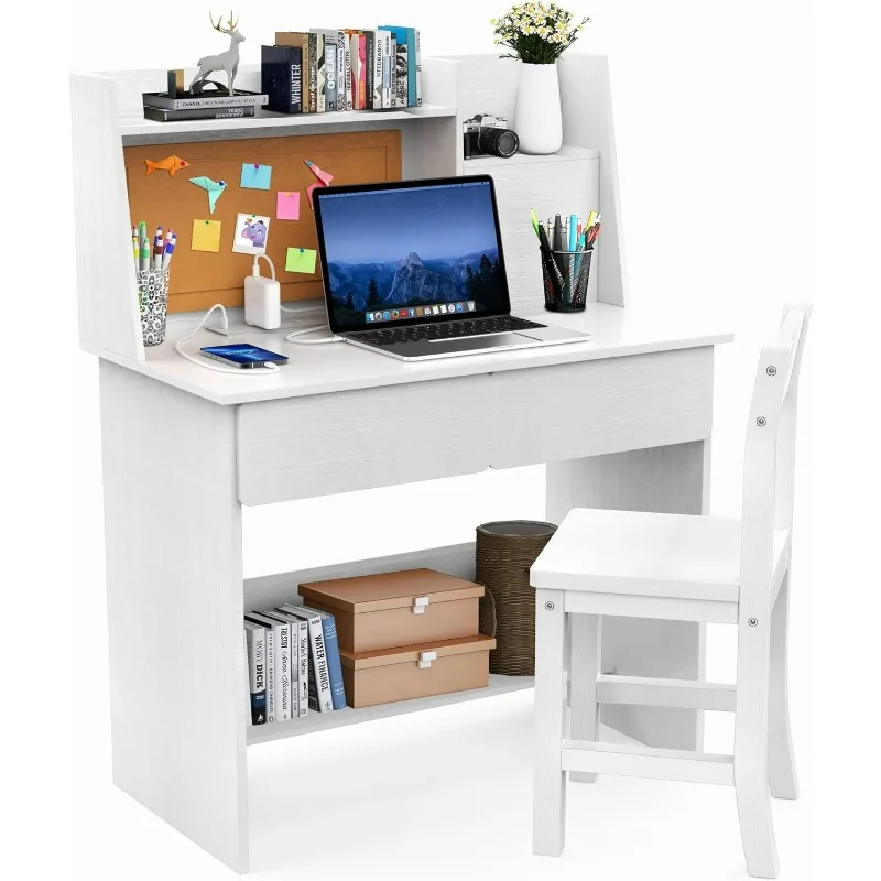 

RUPOLX White Kids Desk and Chair Set for 5-12 Year Old, Childrens Computer Desk with Charging Station, Kids Study Table