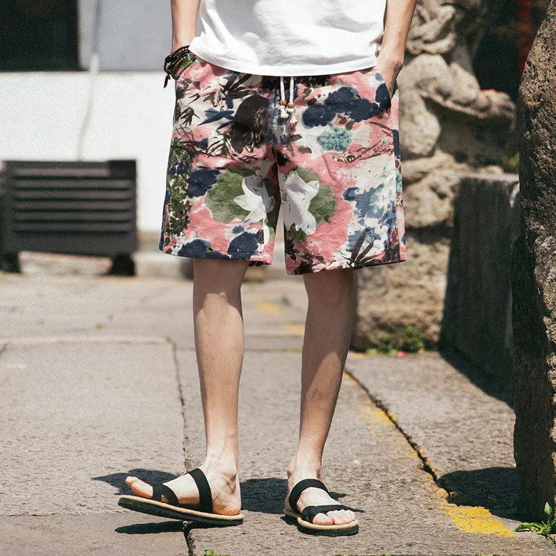 2024 Summer New Boutique Flower Cotton Linen Men's Casual Beach Shorts Men's Comfortable Breathable Leisure Shorts Male XXXXXL 2
