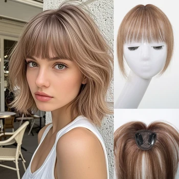 Clip per capelli umani castano chiaro con frangia con basette 5x5 cm Top Piece Frangia sottile per donne Estensioni dei capelli umani al 100% per tutti i giorni