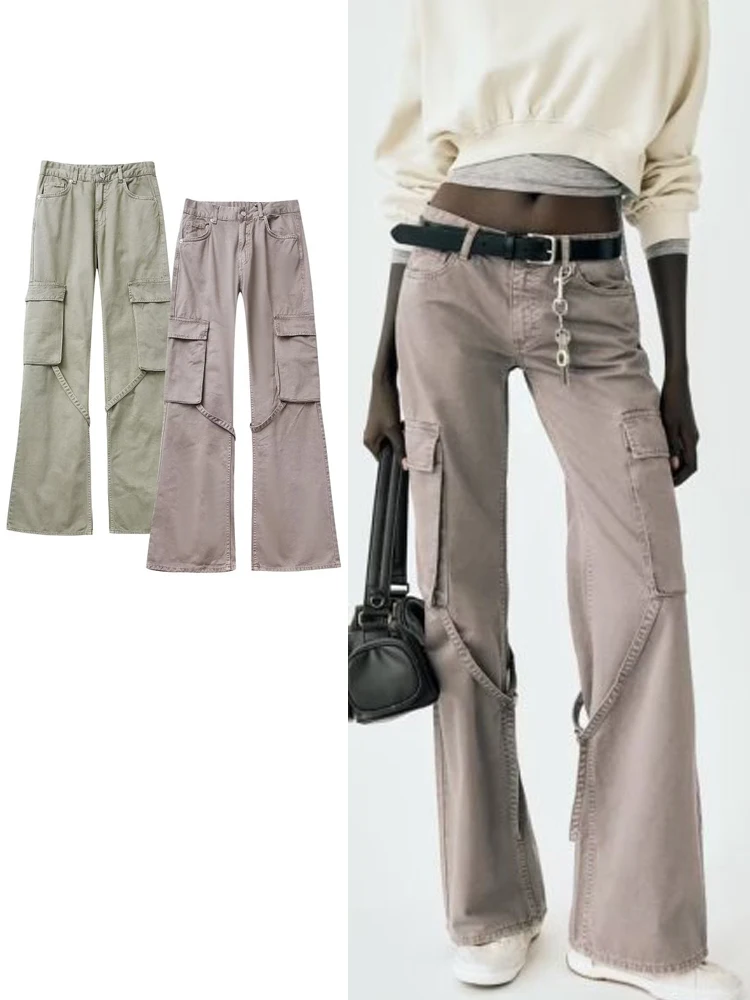 

TRAF Pockets Decoration Women Fashion Solid Cargo Pants Spring Autumn New Female Casual Wide Leg Pant High Street Trousers