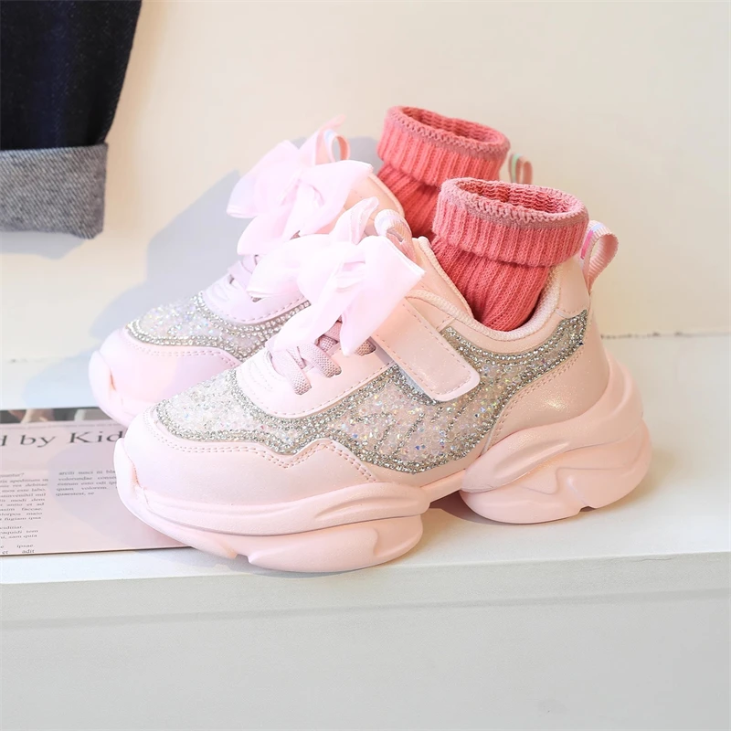 New Princess Children Shoes Bow Rhinestone Girls Casual Shoes Student Kids Sneakers Baby Toddler Flats Fashion Spring Autumn 2A