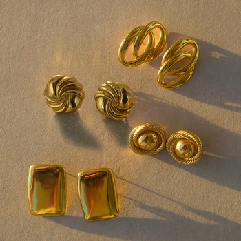 Creative Gold Plated Stainless Steel Round Geometric Earrings for Women Statement Geometric Studs Fashion Jewelry Waterproof