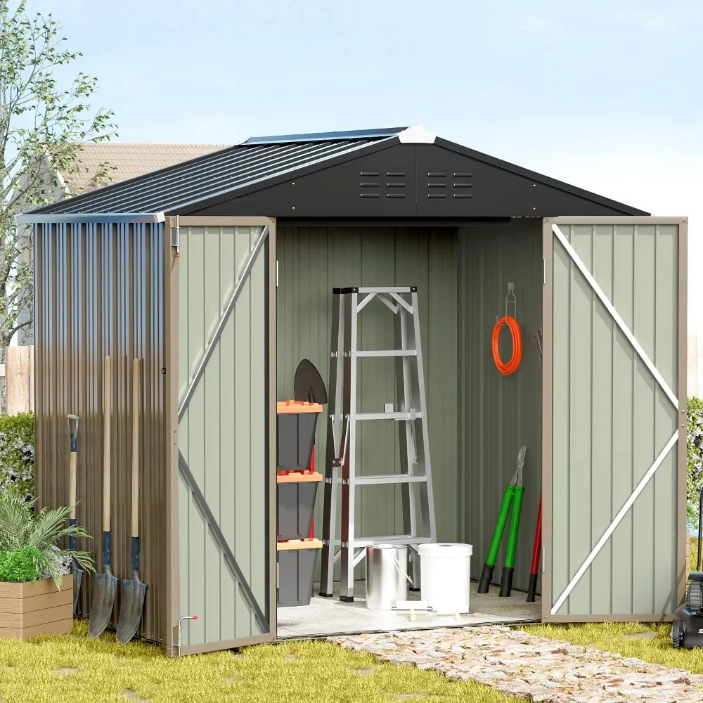 

Metal Outdoor Storage Shed 8FT x 6FT, Steel Utility Tool House with Door & Lock, Storage for Backyard Garden Patio Lawn