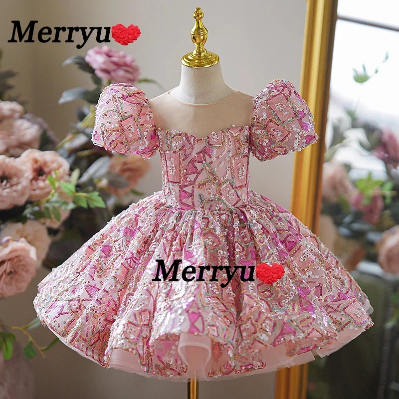 

Розовые кружевные платья с блестками для маленьких девочек, платье для рождественской вечеринки для девочек, платье для новорожденных на день рождения, детское Пышное Платье