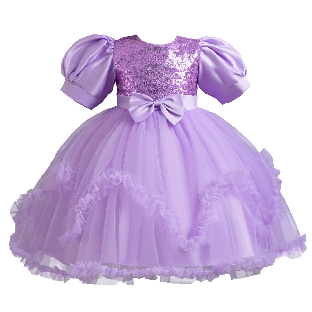 Cute Square Pleated Knee-Length Girl's Dress with Bow Grape