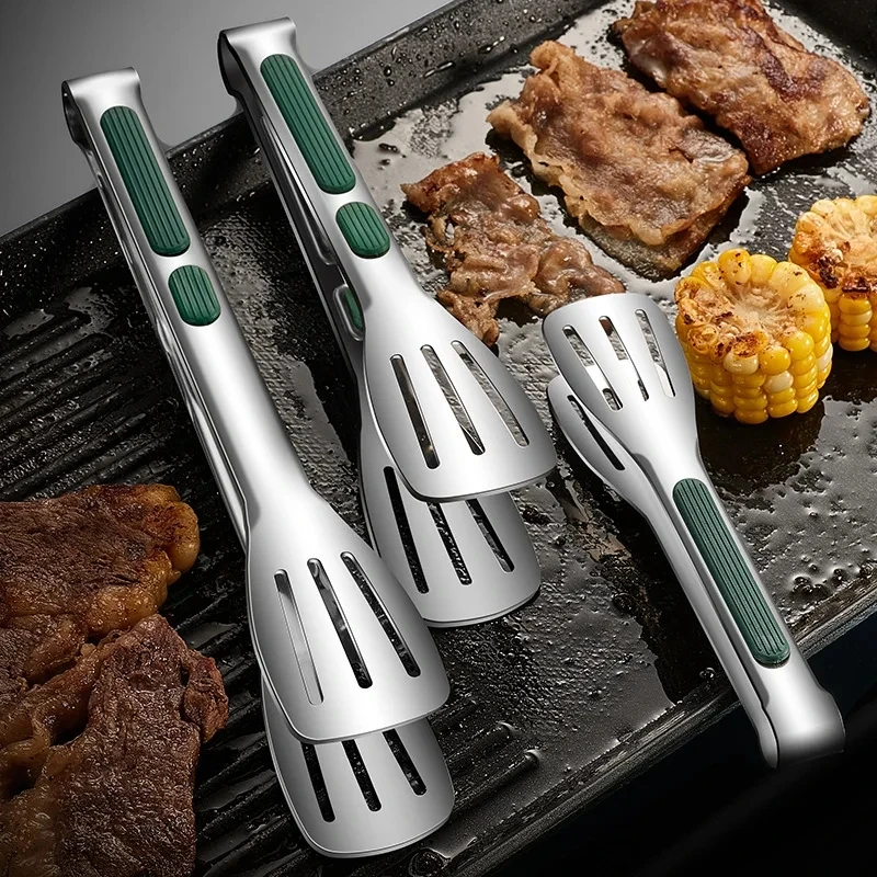 304 Stainless Steel BBQ Tongs Non Slip Heat Resistant Heavy Duty Cooking Meat Bread Salad Baking Kitchen Grill Tool
