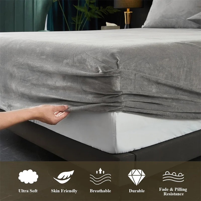Thick Velvet Fitted Sheet and Pillowcase 3 Pieces Set High Quality Non Slip Mattress Cover Protector Soft Bed Sheet Pillow Case 5