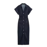 Denim Dress Women's Spring Summer Casual Long Dresses For Women 2025 New Fashion Ruched Short Sleeve Streetwear Midi Dress 2