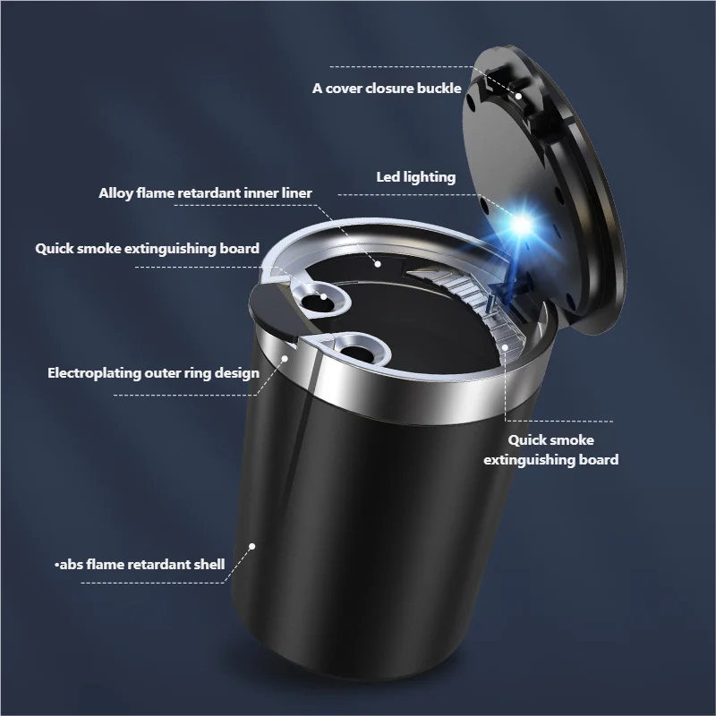 Portable Can LED Ashtray Smokeless Auto Cigarette Ash Holder Lid Detachable Metal Lining One-Click Push Open Splash-Proof