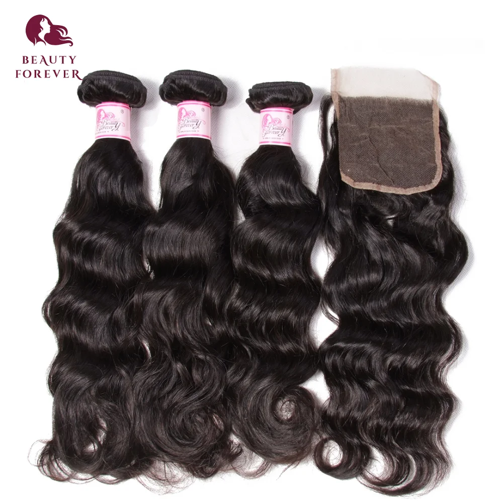 Beauty Forever Brazilian Human Hair Natural Wave 3 Bundles With Lace Closure 4*4 Free Part Virgin Hair Extension