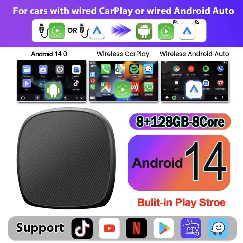 2025 CarPlay AI Box Android 14 Wireless Carplay An...