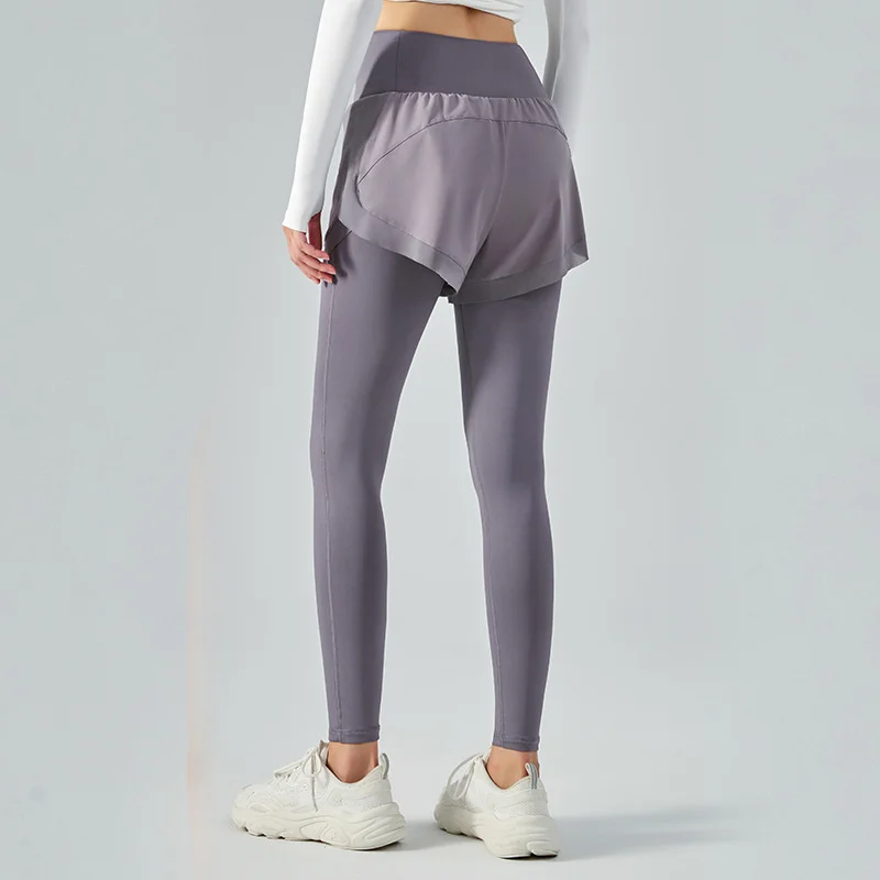 Women Yoga Leggings Pants Elastic High Waist Anti Slip Fake Two Piece Mesh Pant Skirt Fitness Pants Women's Running Tights