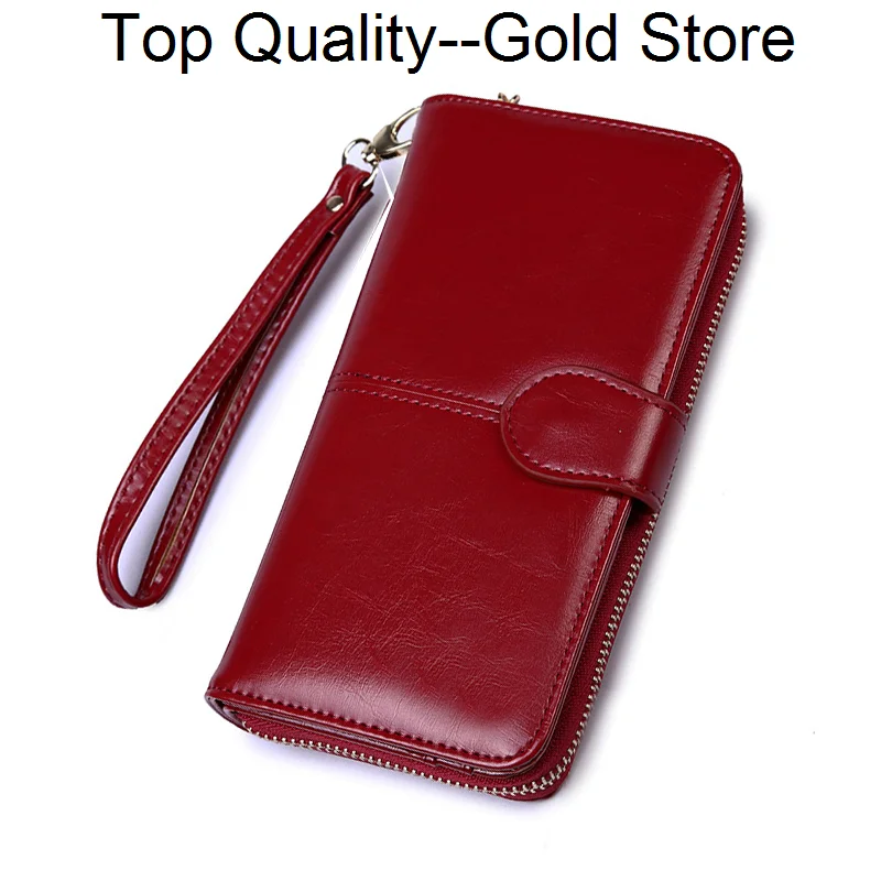 

Новый женский кошелек из вощеной кожи, женские кошельки, вместительный кошелек на молнии с застежкой, Дамский Длинный клатч с ремешком на запястье, держатели для монет и карт