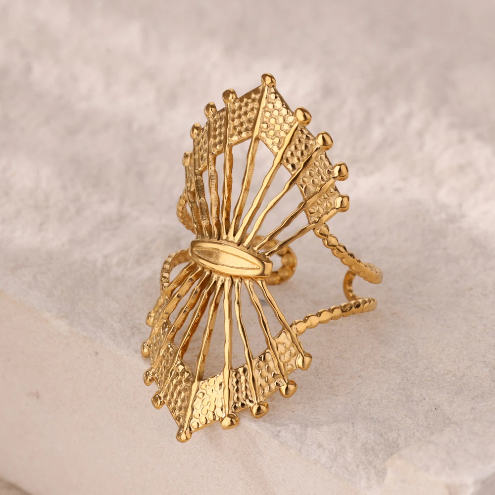 Geometric Fan Rings for Women Gold Color Stainless Steel Adjustable