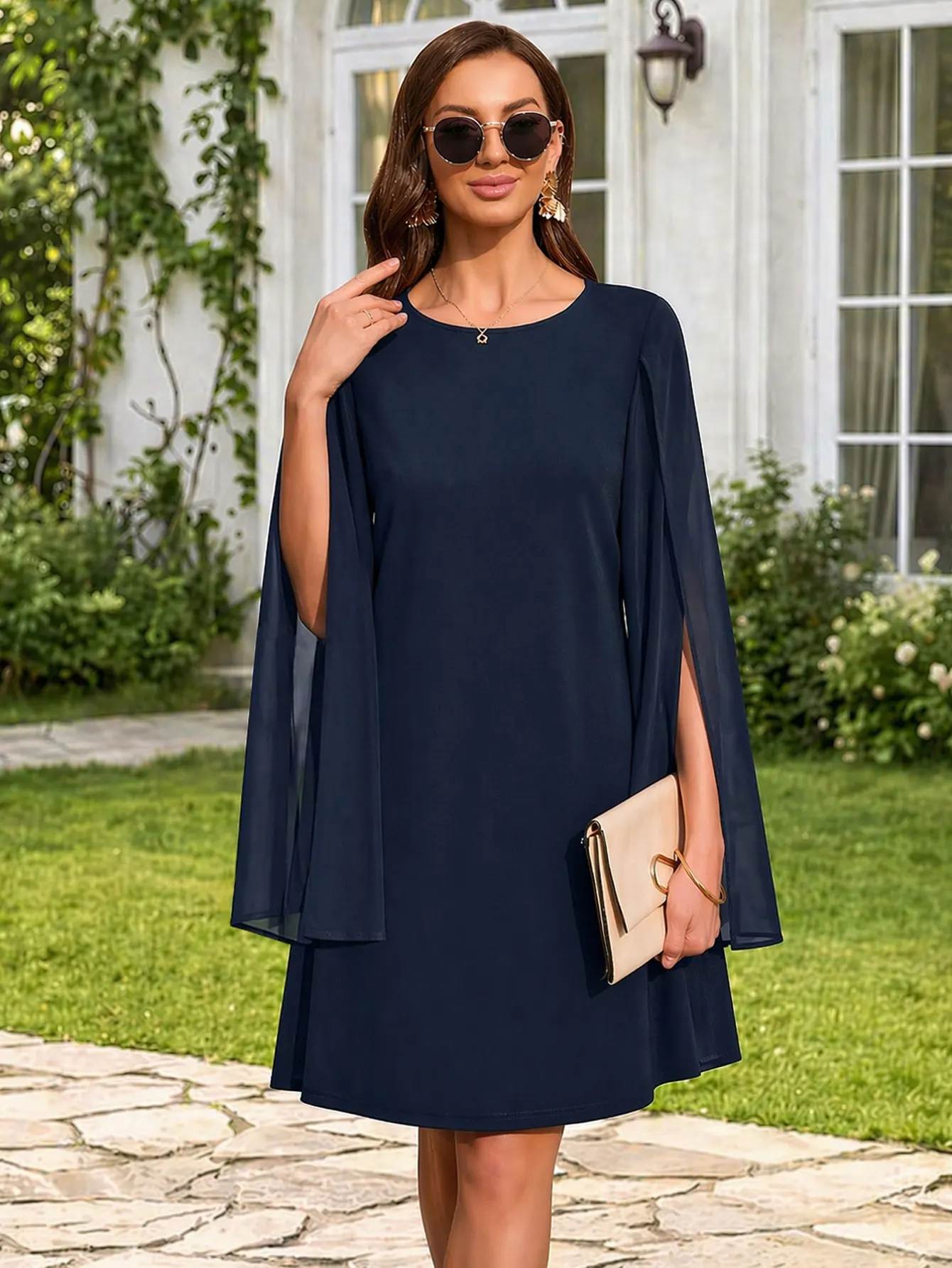 Damen-Kleid mit Rundhalsausschnitt, Schlitz und Schalärmeln, Knielang, A-Linie, Locker Sitzend, Einfarbig, für Abendveranstaltungen und Partys, Bolero-Kleid