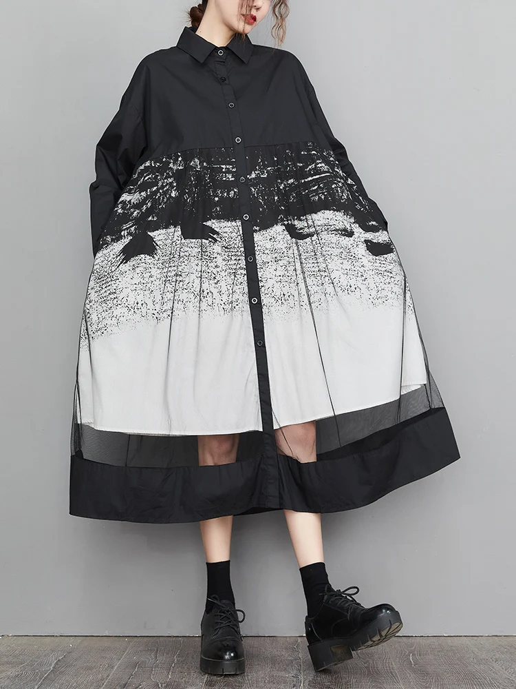 Mesh Patchwork Print Shirt Dresses For Women Long Sleeve Loose Casual Vintage Dress Fashion Elegant Clothing Spring Autumn 2025