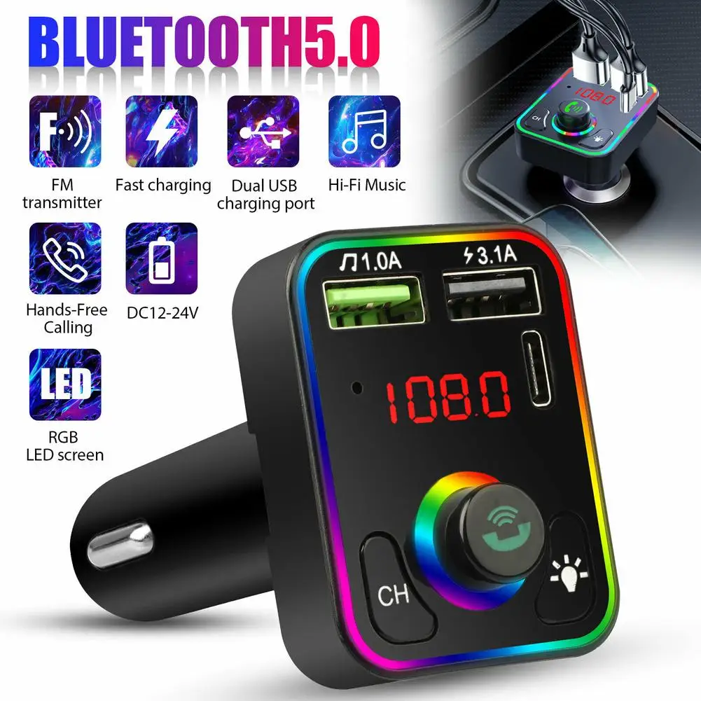 Music Player Kit with Hands-Free Calling and Hi-Fi Sound Bluetooth5.0 FM Transmitter for Car,Wireless Radio Receiver Audio Adapter with Type-C PD Charger and 2 USB Ports Support TF Card&U Disk 