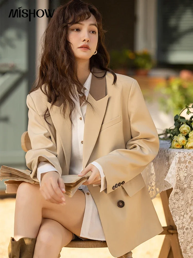 MISHOW Women's Jacket Contrast Color Blazers Spring Elegant Turndown Collar Single Breasted Coat Clothing Female MXC11W0861 spring summer notched thin loose solid color button women s clothing 2023 temperament business casual blazers intellectual tops