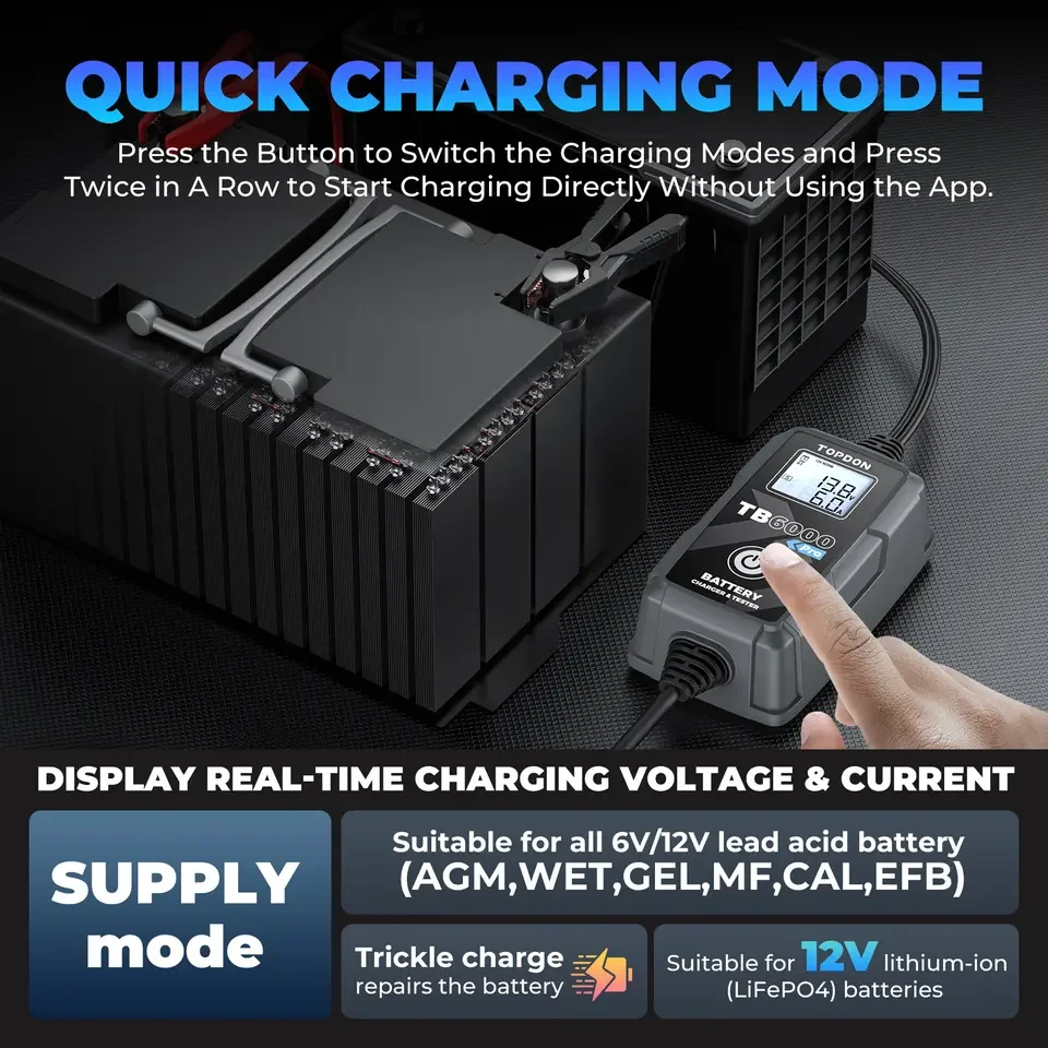 Battery Tester Lithium Battery Charger Lithium Battery Tester TOPDON TB6000 Pro 6Amp 2-in-1 Smart Car Battery Charger & Battery Tester 6V/12V Portable TB6000Pro DIY Lead Acid Lithium
