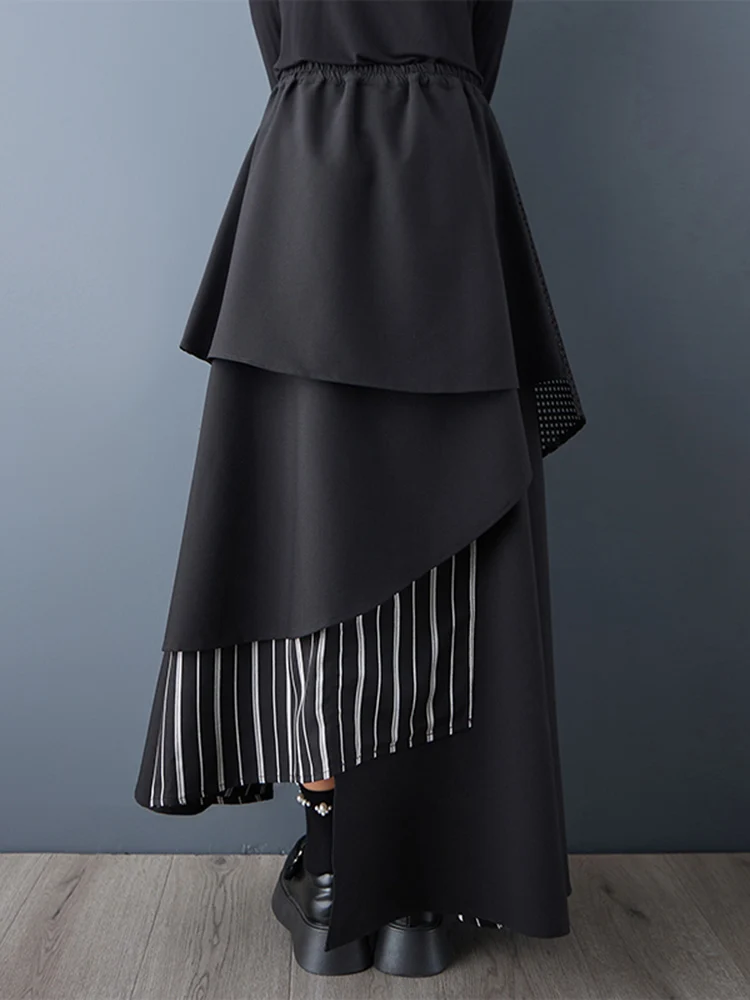 Black Vintage Stripe Irregular High Waist Skirt Women New Spliced Loose Casual Long Skirts Fashion Clothes Spring Autumn 2025