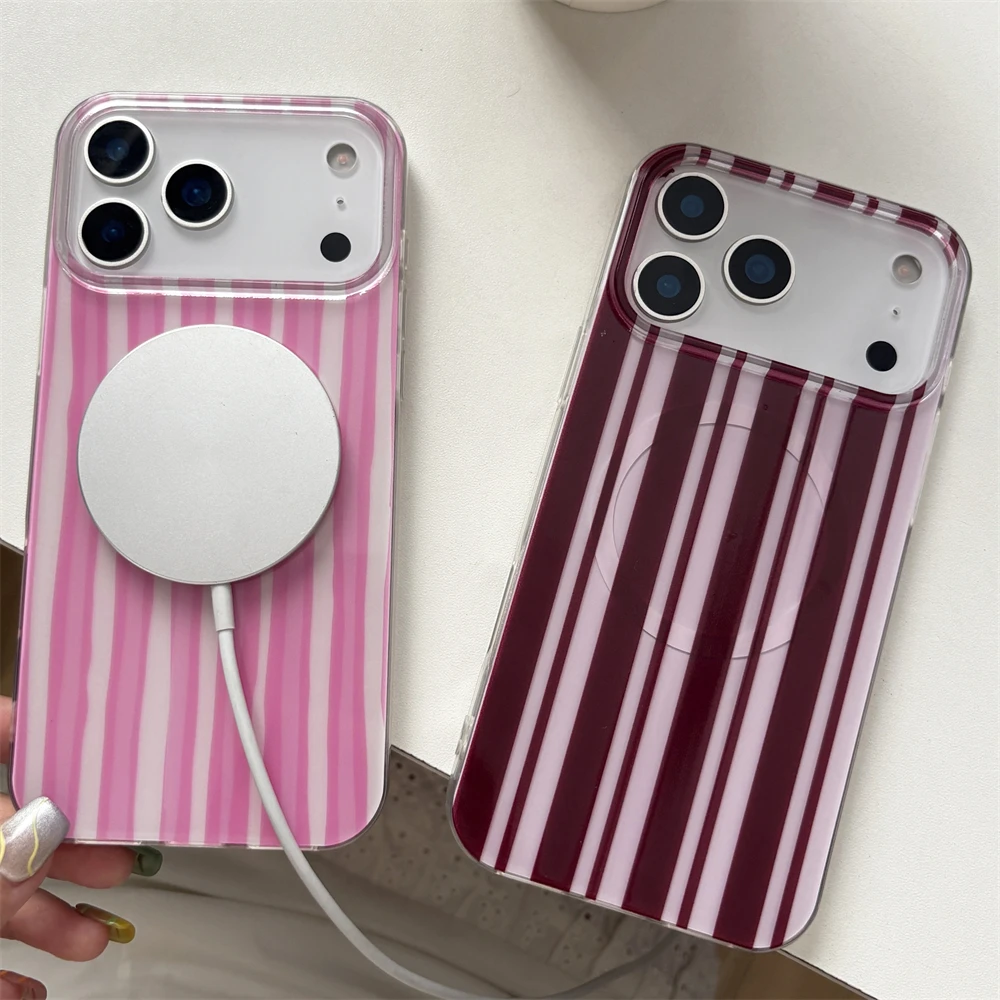 Cute Colorblock Stripes Pattern For Magnetic Wireless Charging For iPhone 17 16 15 14 13 12 Pro Max 11 Pro Max Shockproof Cover 6