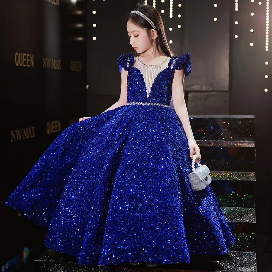 

High End Teenager Shine Sequin Evening And Prom Dress 3 To 14 Years Girls Backless Wedding Party And Bridesmaid Gown Royal Blue