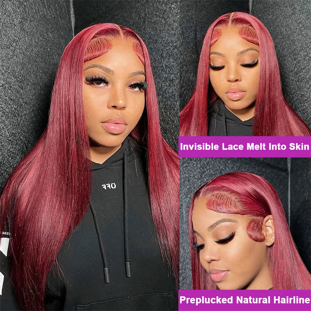 99j Straight Frontal Wig Burgundy 13x4 Lace Front Wig Human Hair Straight HD Transparent Lace Front Human Hair Colored Wigs