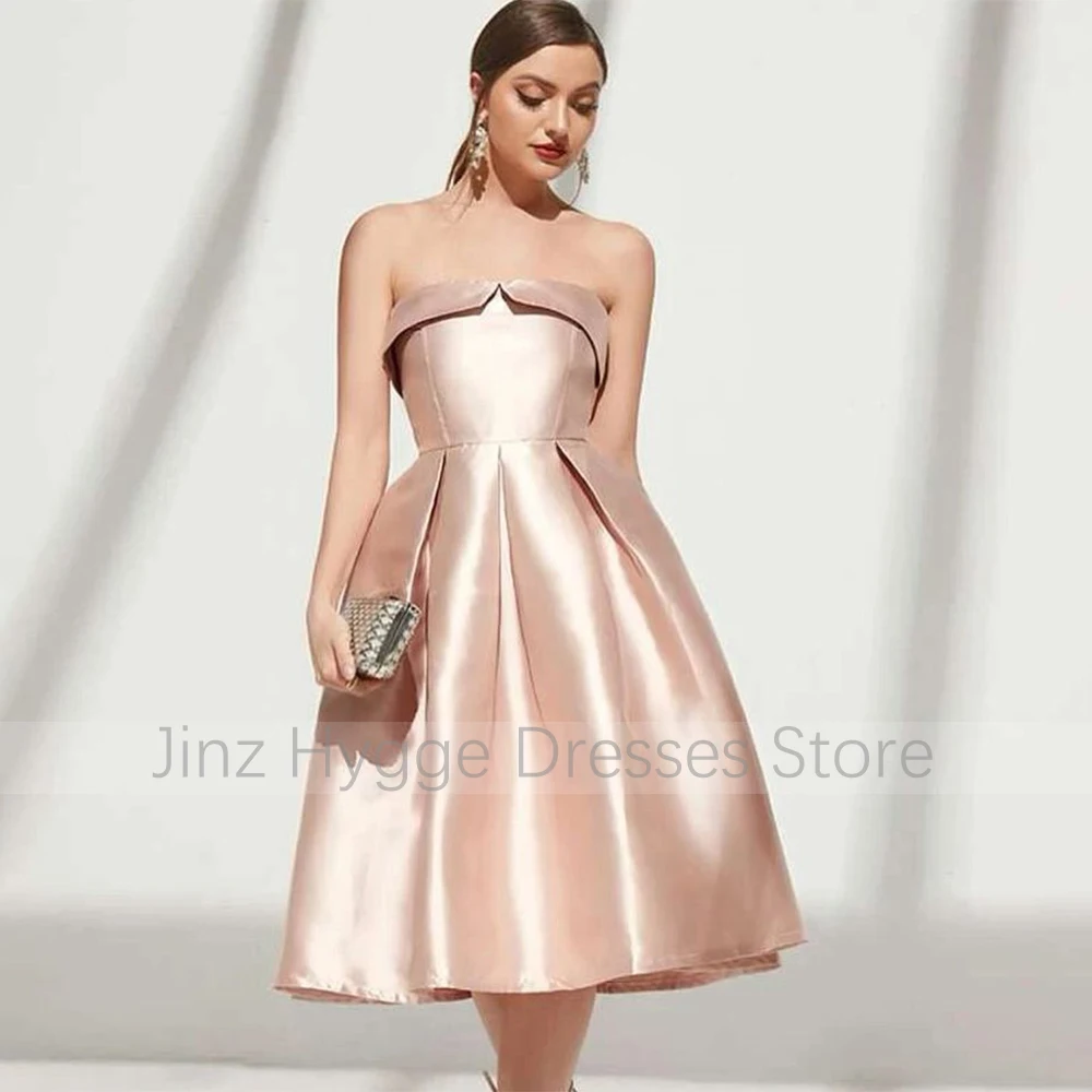 Satin Party Dress for Wedding Champagne A Line Strapless Midi Cocktail Dresses for Women Tea Length Sleeveless Short Prom Gowns