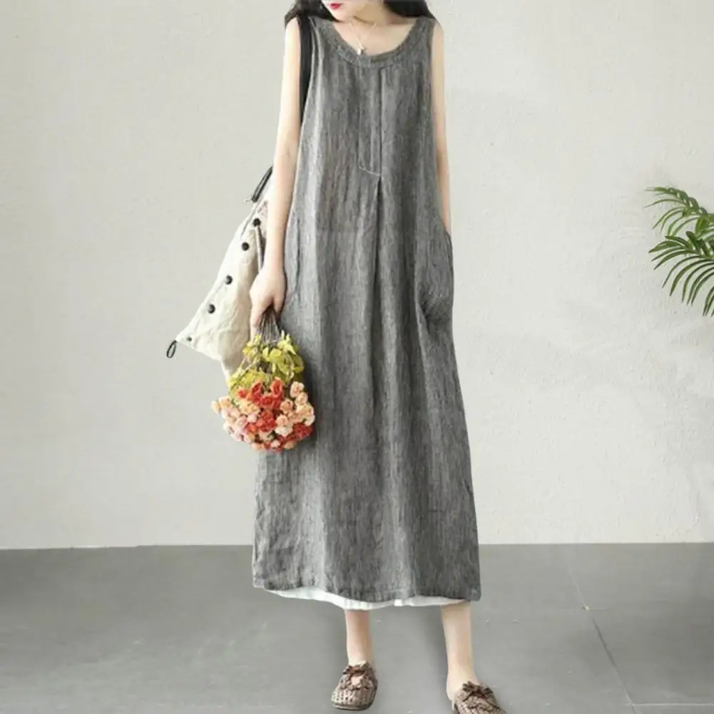 

Summer Women Sundress Vest Type Sleeveless Loose A-line Big Swing Round Neck Side Pockets Mid-calf Length Casual Daily Midi Dres