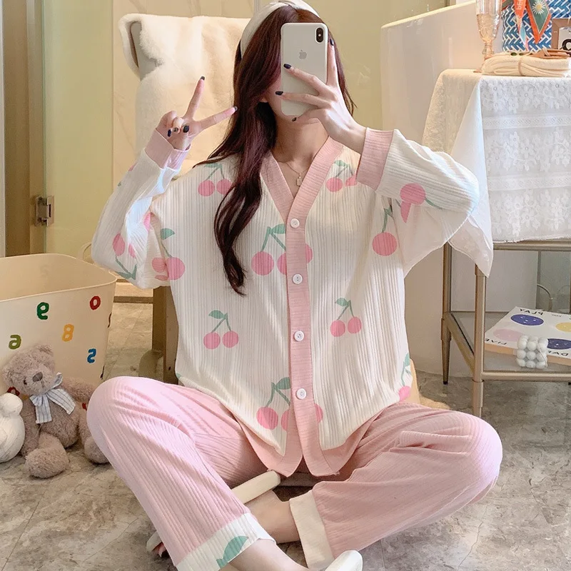 Women 2 Pieces Pajamas Sets 100% Cotton Pijama Print Female Pyjama Sleepwear Long Sleeve Shirt Pants Suit Homewear Loungewear hnmchief 3 pieces soft women pajamas sets floral printed sleepwear with pants female leisure worsted nightwear suit silk robe