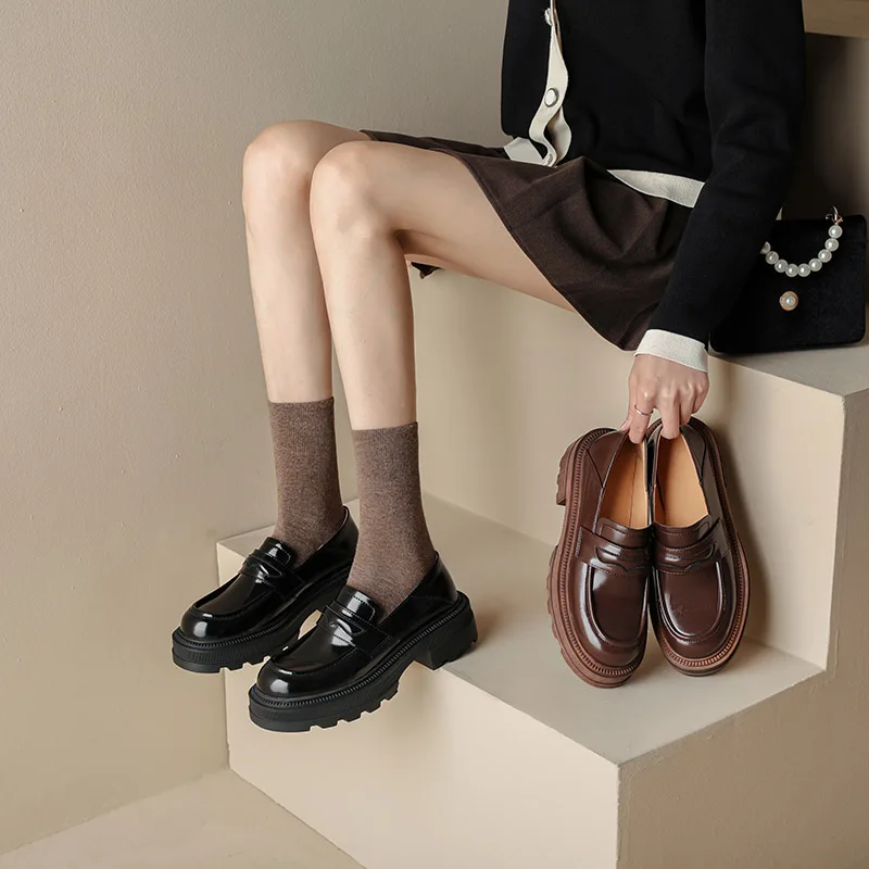 

Phoentin Classic retro Loafers british Women round Toe pumps Slip-on Lady Casual cozy Handmade mid heel Shoes brown black FT2971
