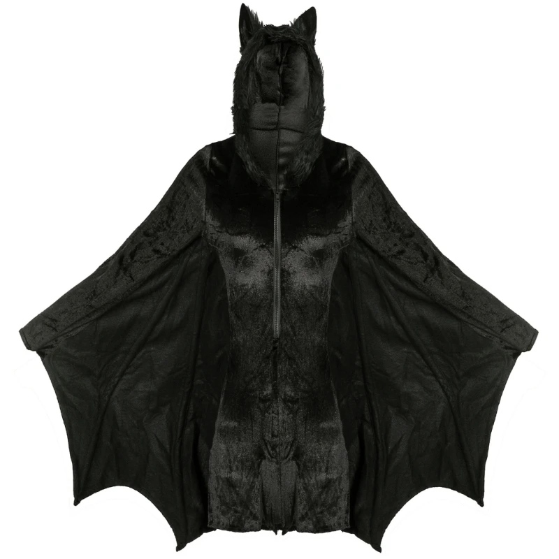 Halloween Bat Costume for Women Black Wing Hooded Jumpsuits Romper Masquerade Cosplay Party Costume Accessory N7YE