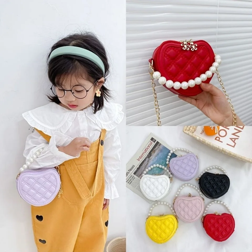 PU Leather Children's Small Shoulder Bags Fashion Pearl Chain Baby Girl  Purse Handbags Princess Accessories Messenger Bag Wallet