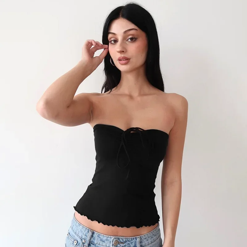 Top de una pieza informal corto con dobladillo enrollado para mujer, moda de verano, top bandeau de color liso, top sexy con cuello de encaje y sin mangas.