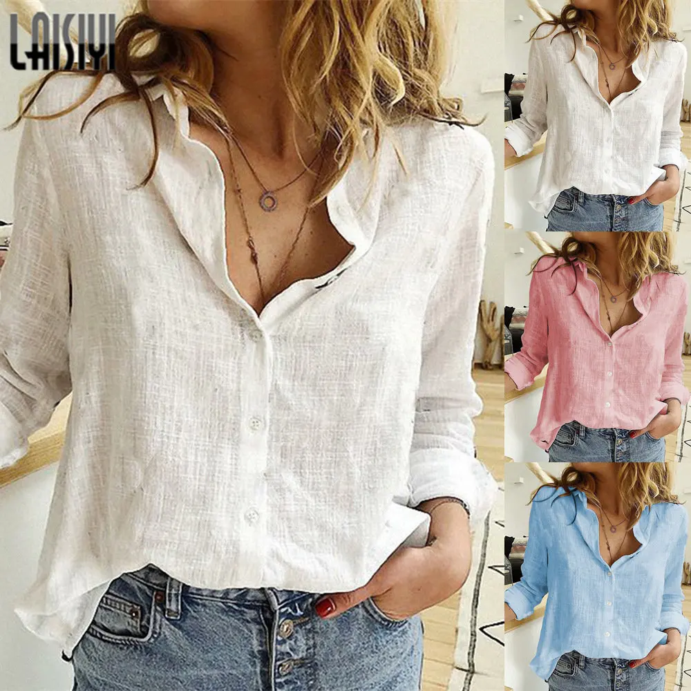 LAISIYI Women Blouses Leisure White Yellow Shirts Button Lapel Cardigan