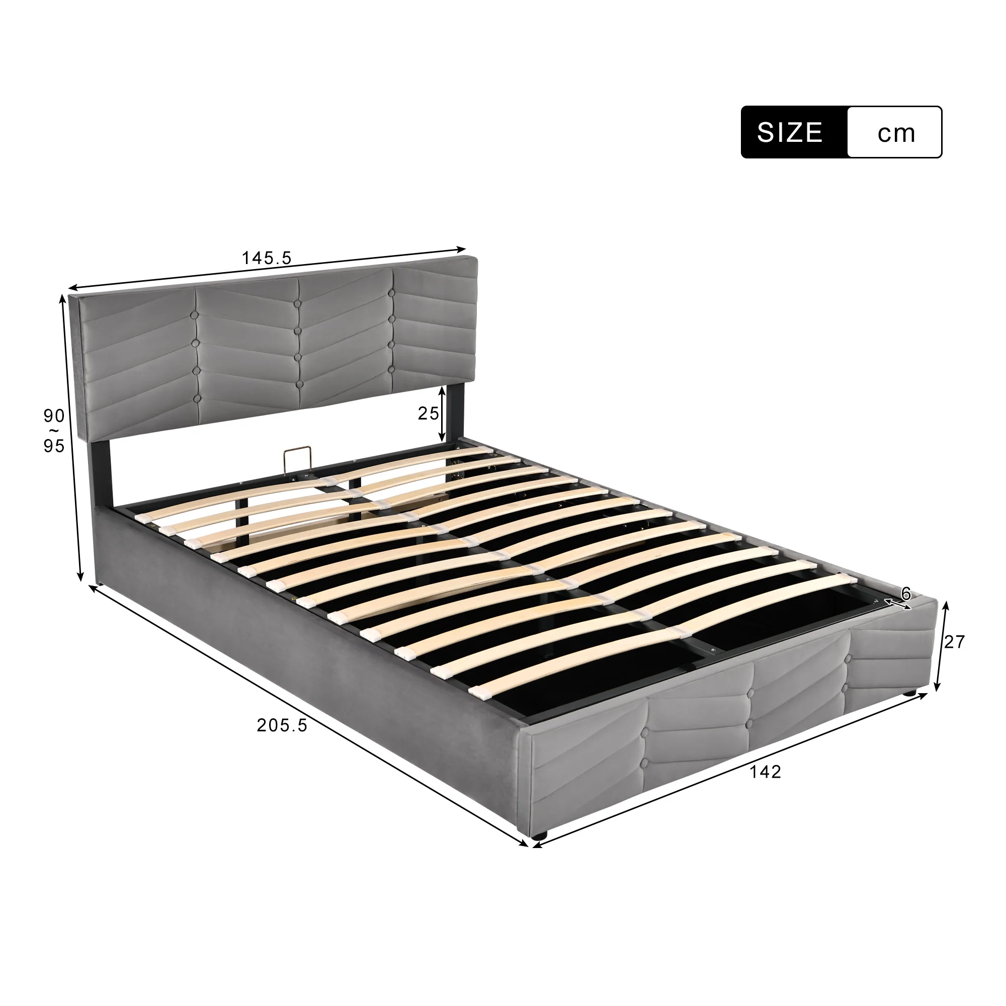 Upholstered Bed 140×200cm Hydraulic Function Double Bed with Storage,Adjustable Height Head Part,Velvet – Detail 9