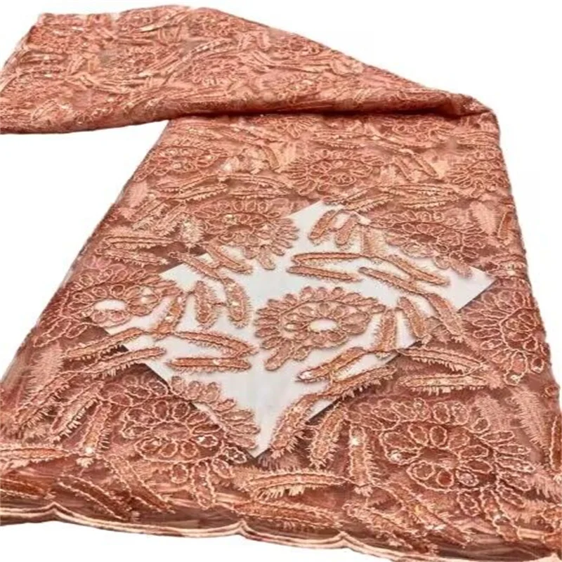 

Luxurious African Groom Sequins Lace Fabric High Quality 2023 Pink Sequins Embroidery French Tulle Lace Nigerian Wedding Dress