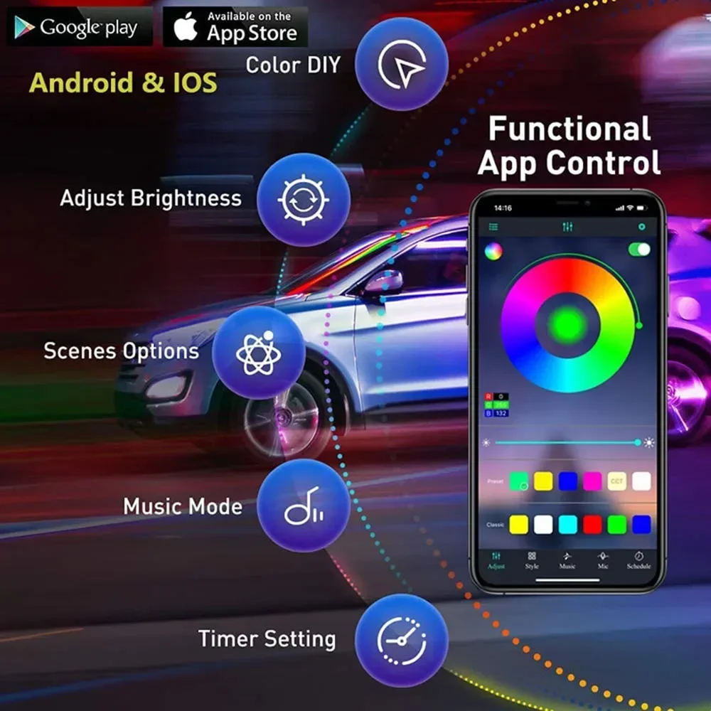 6/8M LED Atmosphere Car Light Interior 64 RGB Car Interior Acrylic Light Guide Fiber Optic Decoration Atmosphere 6 in1