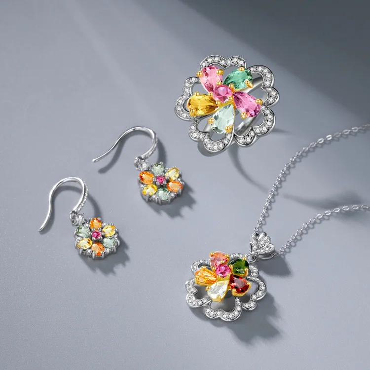 Natural Color Blue Tourmaline Set 925 Silver Plated Gold Inlaid Tourmaline  Jewelry New Rotating Pendant Ring Earring Jewelry