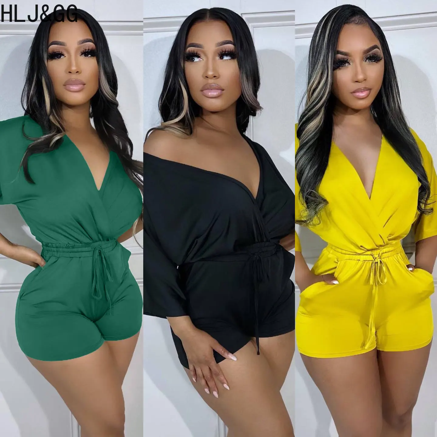 HLJ&GG Elegant Lady Lace Up Rompers Women Deep V Short Sleeve Slim Jumpsuits Casual Solid Bandage With Pocket One Piece Playsuit